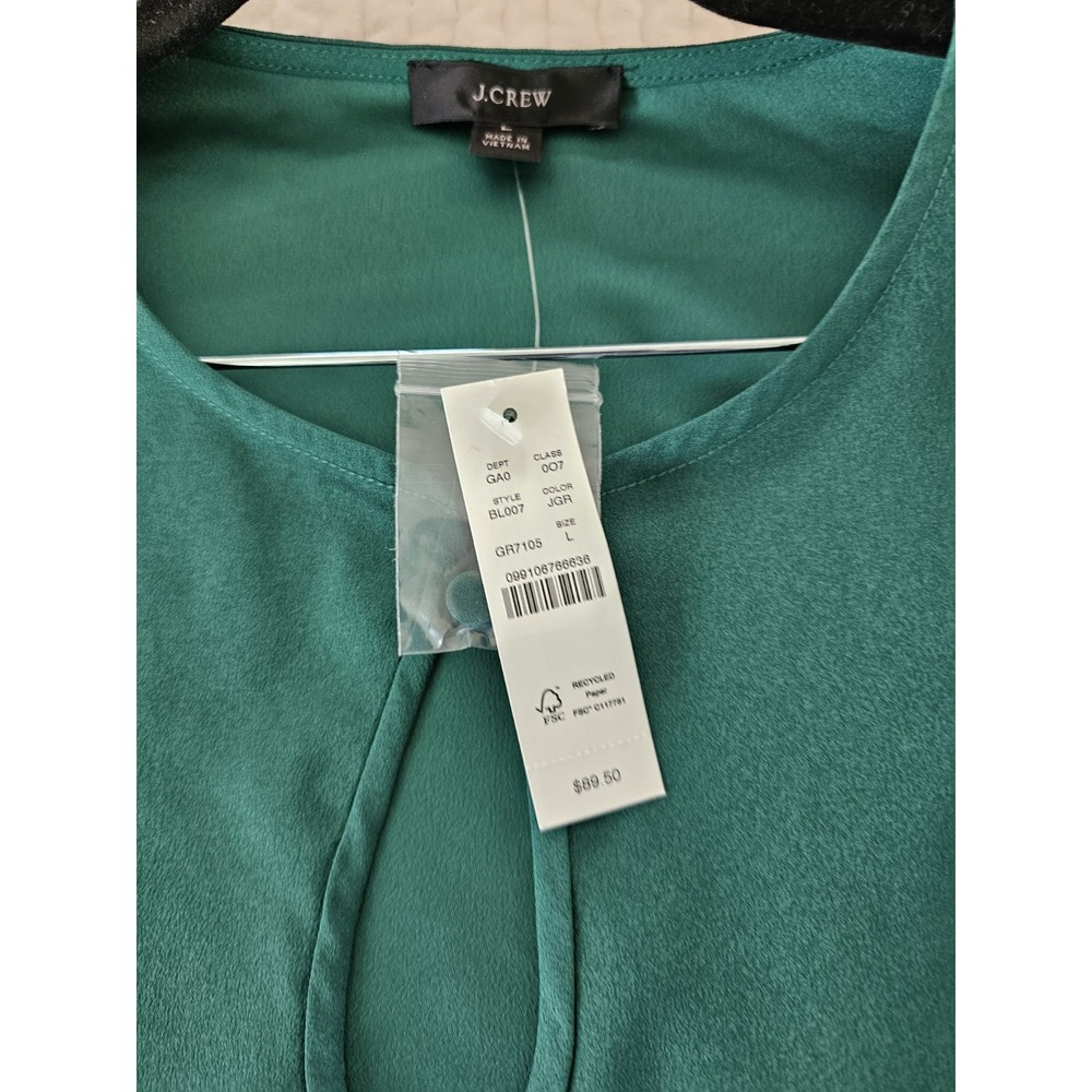 J Crew Shirt Womens Large Holiday Green Puff Sleeve Satin Back Crepe - Picture 4 of 5
